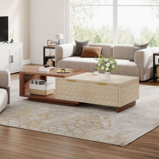 Teak Wood Coffee Table with Storage Modern Minimalist Living Room Furniture-AA