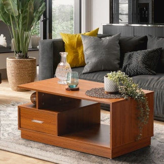 Modern Solid Wood Coffee Table with Drawer & Open Storage Shelf for Living Room Furniture-AA