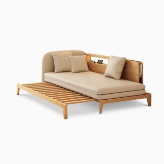 Solid Teak Wood Sofa Bed Minimalist Modern Multifunction Pull Out Daybed Premium Style