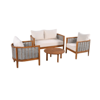 Outdoor Teak Wood Rope Sofa Set Patio Conversation Set with Cushions Coffee Table Garden Furniture