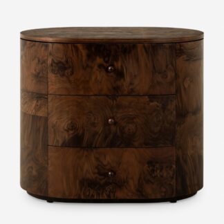 Luxury Dark Teak Bedside Cabinet Featuring Rounded Form and Elegant Wood Pattern