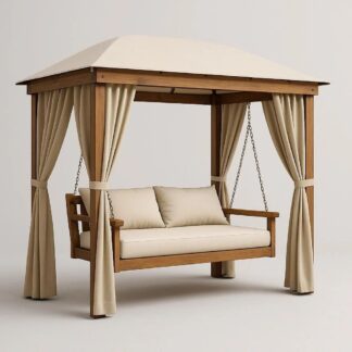 Outdoor Teak Garden Swing Bed with Canopy Patio Hanging Chair for Villa Resort Backyard Lounge