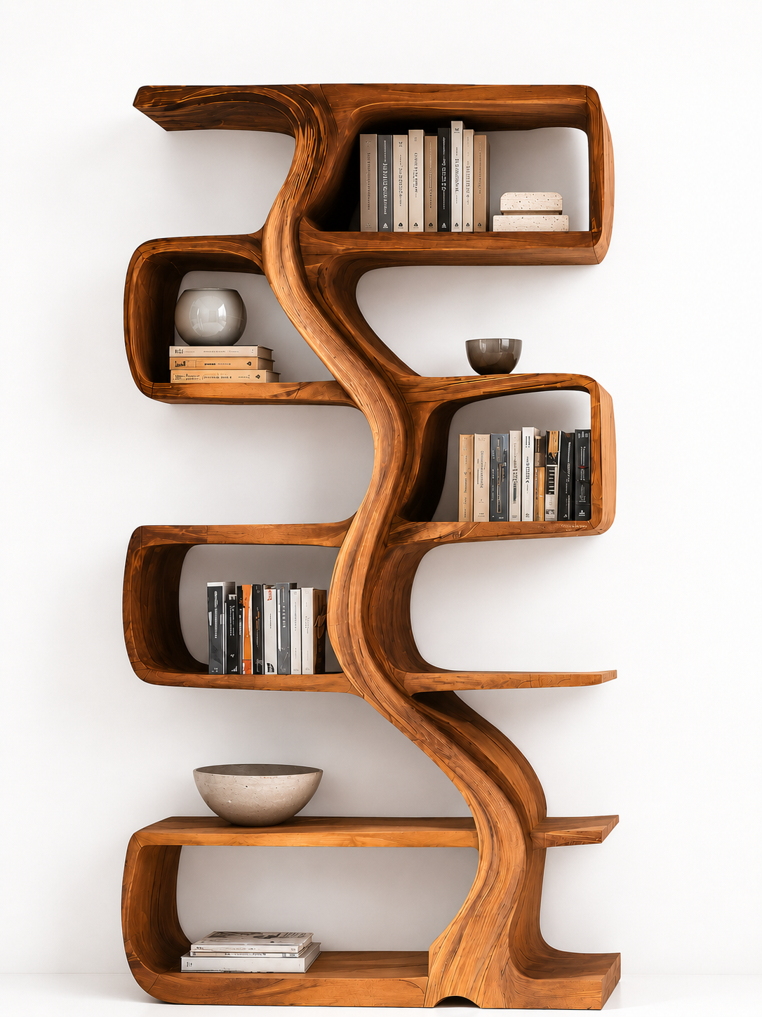 Artistic Teak Wood Bookcase with Freeform Curved Shelves and Natural Flowing Design