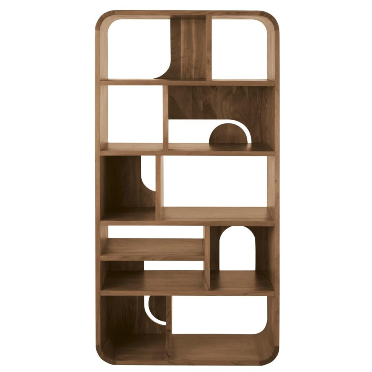 Modern Teak Wood Bookshelf with Geometric Open Shelving and Rounded Frame Design