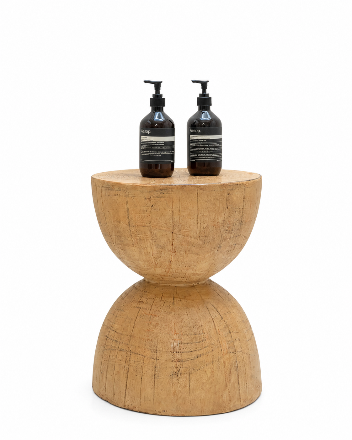 Modern Teak Wood Bathroom Side Table with Artistic Sculptural Hourglass Design
