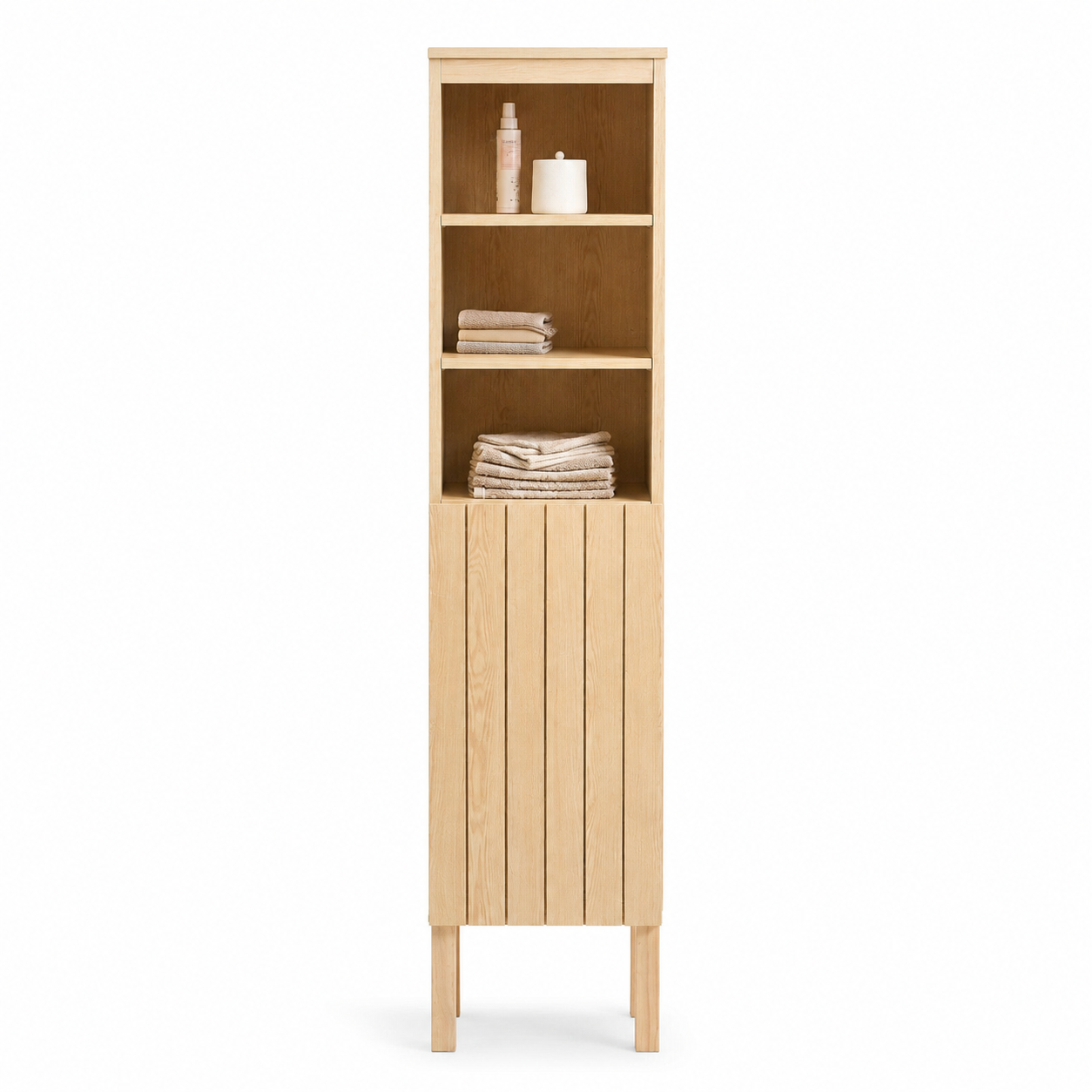 Solid Teak Wood Bathroom Shelf Cabinet with Door Storage