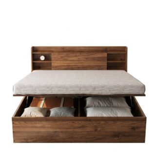 Space Saving Teak Wood Platform Bed with Hidden Storage and Open Shelving
