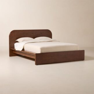 Modern Minimalist Teak Wood Platform Bed with Curved Headboard Design