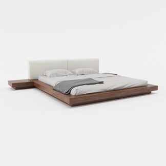 Modern Minimalist Solid Teak Wood Platform Bed with Upholstered Headboard and Floating Side Tables