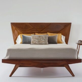 Luxury Mid Century Teak Wood Platform Bed with Artistic Wooden Panel Headboard