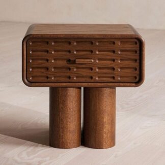 Luxury Mid Century Modern Solid Teak Wood Bedside Table with Carved Drawer Design