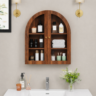 Modern Teak Wood Bathroom Storage Cabinet with Glass Display
