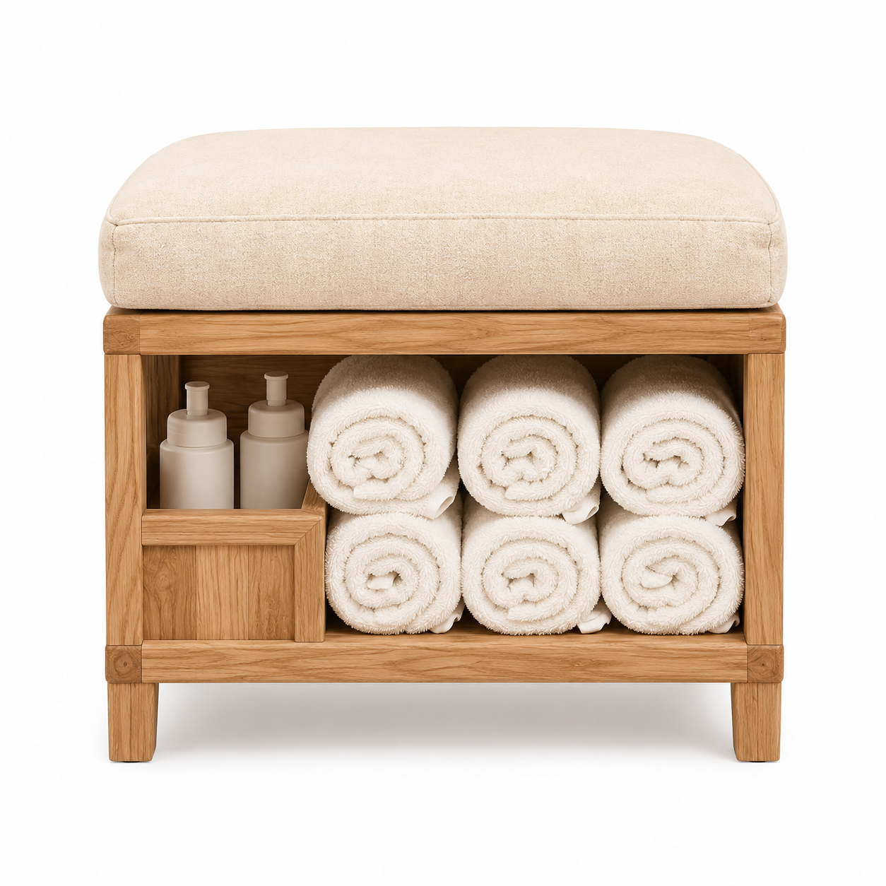 Modern Minimalist Teak Wood Bathroom Bench with Towel Storage Shelf