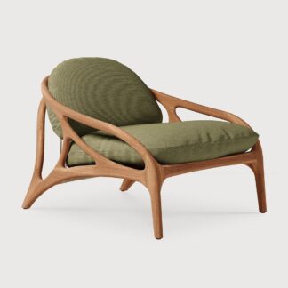 Elegant Teak Wood Armchair Olive Green Cushion Lounge Chair