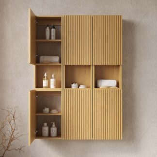 Handleless Teak Wood Floating Shelf Natural Timber Storage for Bathroom