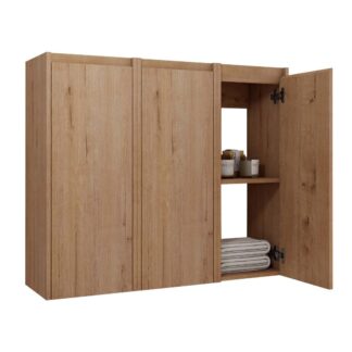 Modern Teak Wood Bathroom Wall Cabinet 3 Door Floating Organizer