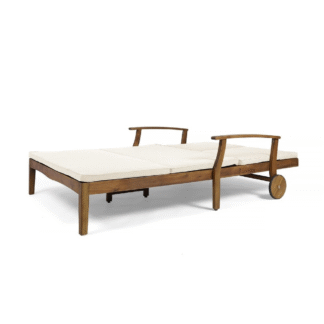Outdoor Teak Wood Double Sun Lounger Patio Daybed with Cushion Adjustable Backrest Poolside Garden Furniture