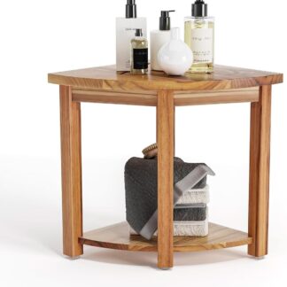 Two Tier Teak Storage Bench Scandinavian Style Restroom Corner Stand