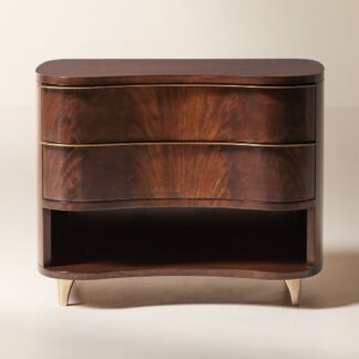 Wavy Front Teak Wood Nightstand 2 Drawer Luxury Bedside Cabinet