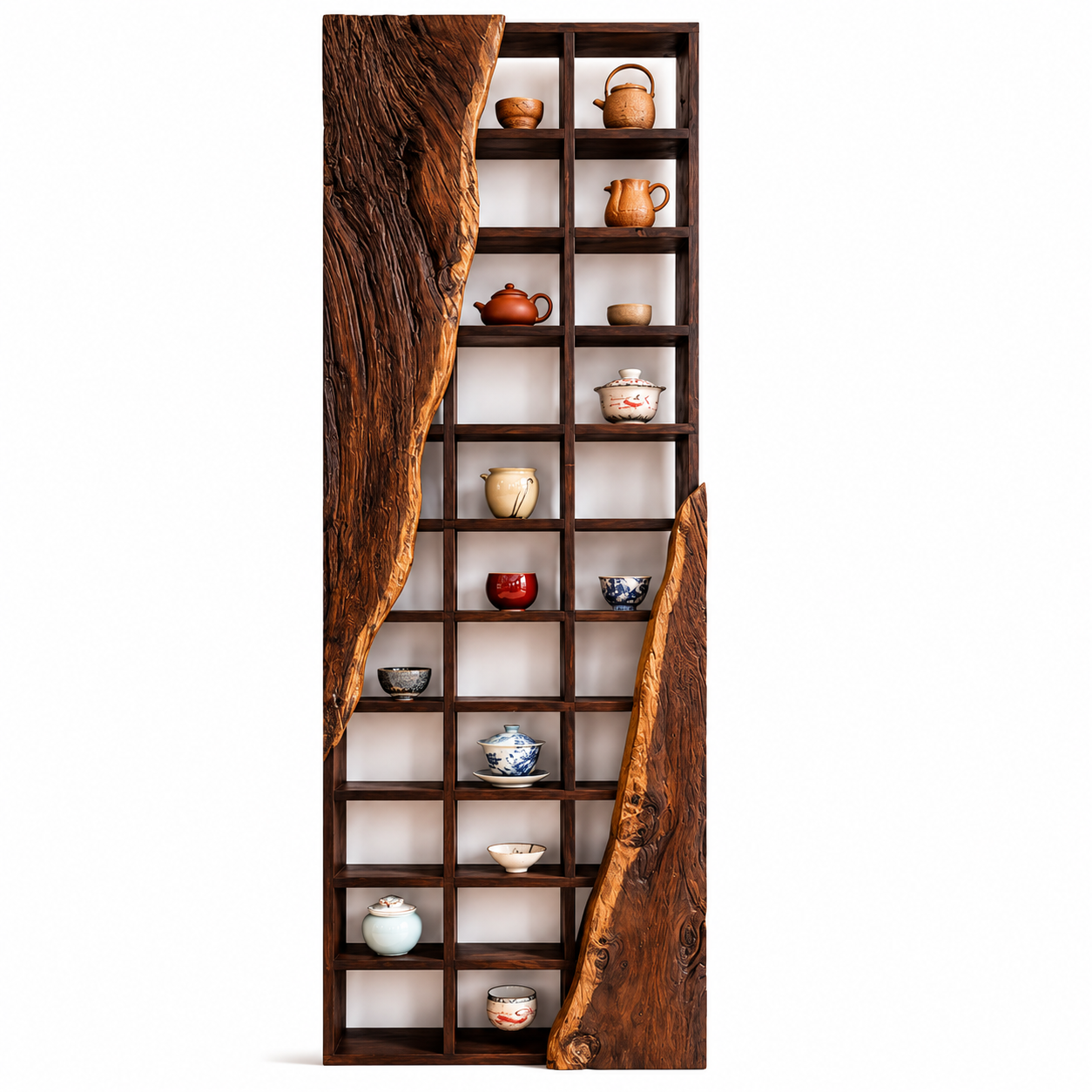 Wabi Sabi Solid Teak Wooden Bookcase Multi Grid Teapot Storage