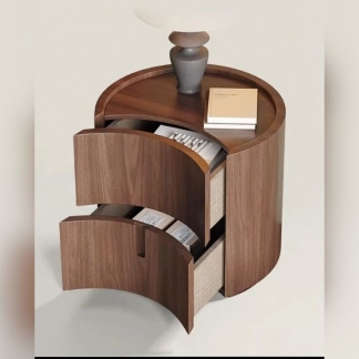 Modern Solid Teak Wood Round Nightstand with Two Drawers Luxury Bedside Table for Contemporary Bedroom Furniture