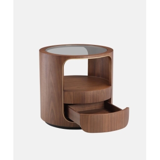 Modern Solid Teak Wood Round Nightstand with Glass Top Drawer Storage Bedside Table for Luxury Bedroom Furniture