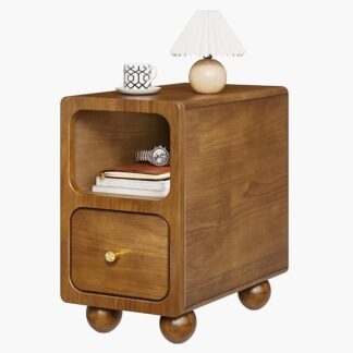 Modern Minimalist Teak Wood Bedside Table with Storage Drawer Open Shelf and Rounded Leg Design
