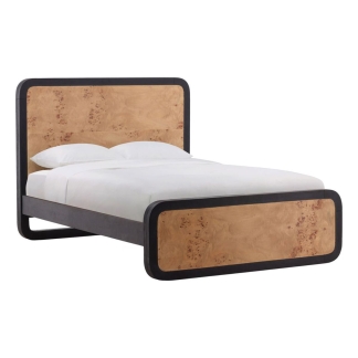 Luxury Solid Teak Wood Platform Bed Frame with Burl Wood Finish and Modern Curved Bedroom Furniture Design