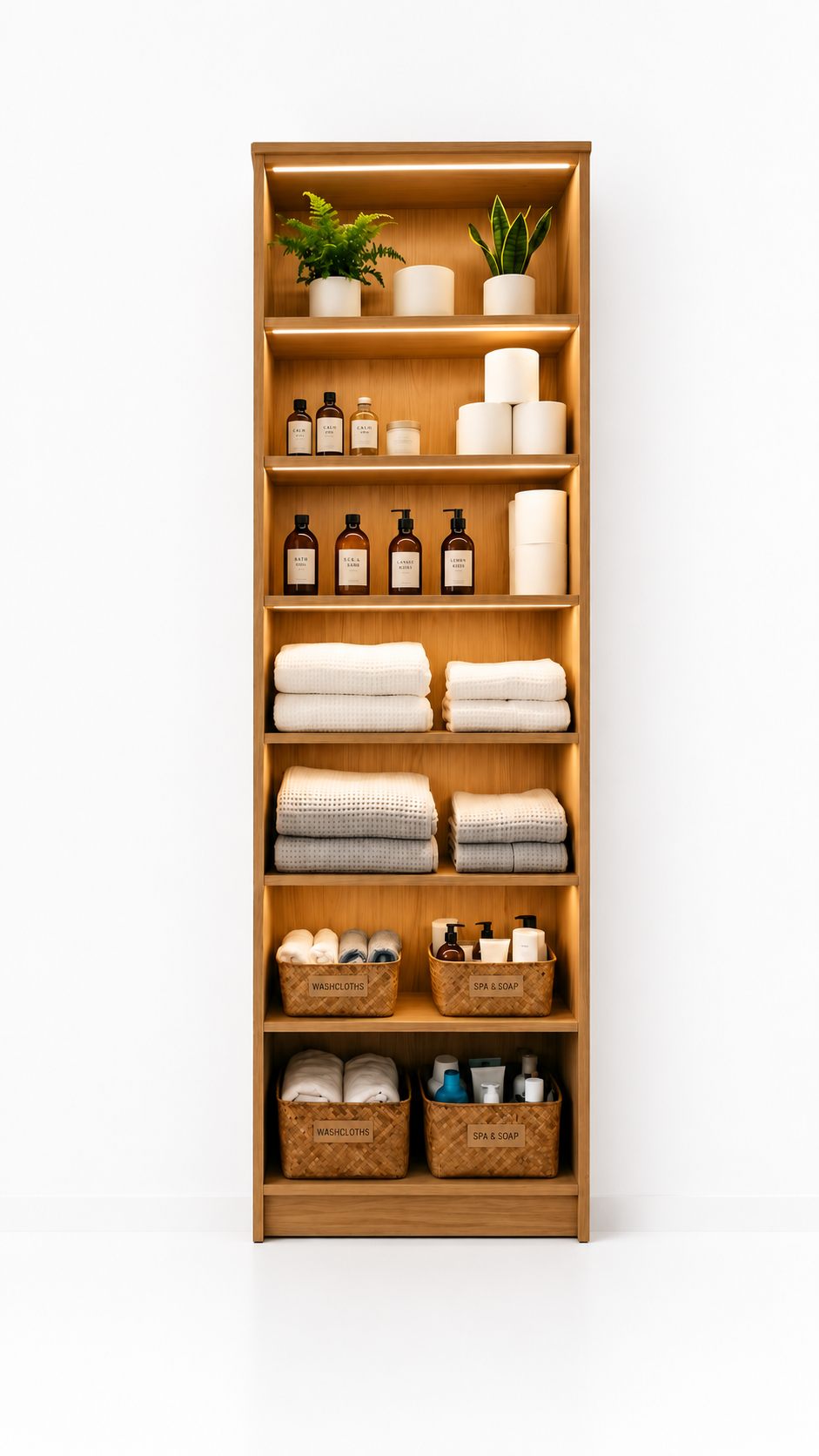 Modern Teak Wood Bathroom Storage Shelf with LED Lighting and Open Spa Organizer Cabinet Design