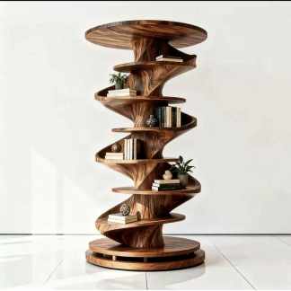 Luxury Sculptural Teak Wood Bookshelf with Spiral Open Shelves and Modern Artistic Display Storage Furniture Design