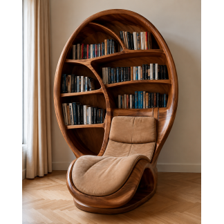 Luxury Modern Teak Wood Reading Chair with Built In Bookshelf and Artistic Curved Lounge Pod Design