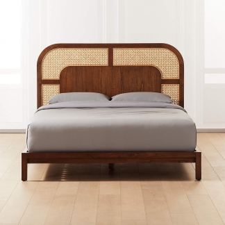 Modern Teak Wood Bed Frame with Natural Rattan Headboard and Elegant Contemporary Bedroom Design