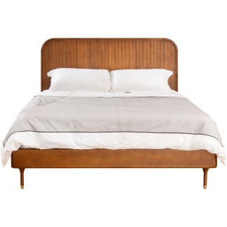 Luxury Teak Wood Bed with Vertical Panel Headboard and Refined Mid Century Modern Aesthetic