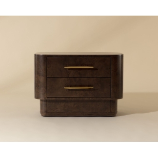 Luxury Dark Teak Wood Nightstand with Smooth Curved Profile and Elegant Bedroom Style