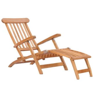 Outdoor Teak Steamer Chair Reclining Wooden Lounge Chair Patio Poolside Furniture