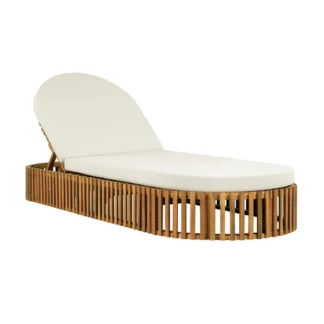Outdoor Teak Sun Lounger With Adjustable Backrest And Cushioned Daybed For Poolside Patio Garden Resort