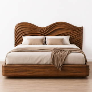 Modern Luxury Teak Wood Bed Frame with Artistic Wave Headboard and Contemporary Platform Bedroom Design
