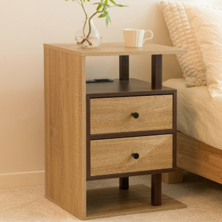 Modern Teak Wood Nightstand with Open Shelf and Two Drawer Bedroom Storage Design