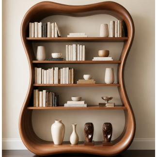 Premium Teak Wood Display Bookshelf with Artistic Curved Frame and Modern Open Storage Design
