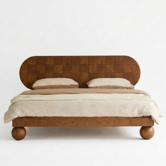 Contemporary Teak Wood Bed Frame with Rounded Panel Headboard and Sculpted Wooden Leg Accents