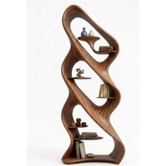 Modern Sculptural Wooden Bookshelf with Flowing Organic Wave Design