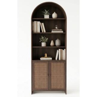 Modern Teak Wood Arch Bookshelf with Rattan Cabinet Doors