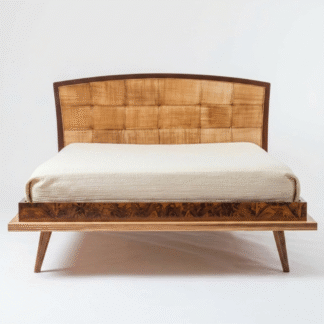 Elegant Solid Teak Wood Mid Century Bed with Artistic Geometric Headboard Design