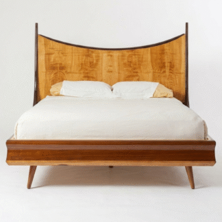 Luxury Mid Century Modern Solid Teak Wood Bed with Curved Wooden Headboard
