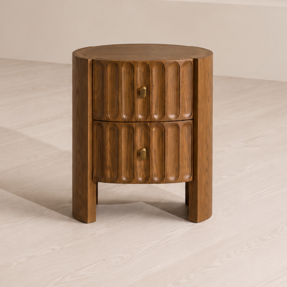 Elegant Mid Century Modern Wooden Bedside Table with Sculpted Drawer Design