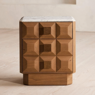 Elegant Contemporary Solid Teak Wood Bedside Cabinet with Marble Top