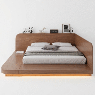 Luxury Japandi Teak Wood Platform Bed with Integrated Side Bench
