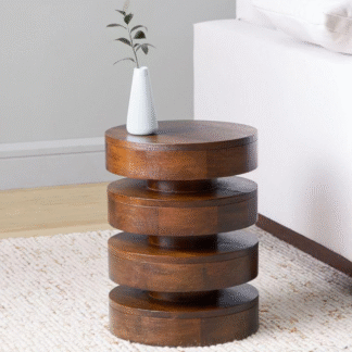 Modern Round Solid Teak Wood Layered Side Accent Table