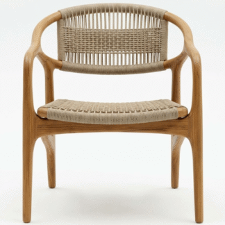 Modern Solid Teak Lounge Chair Minimalist Rope Patio Armchair