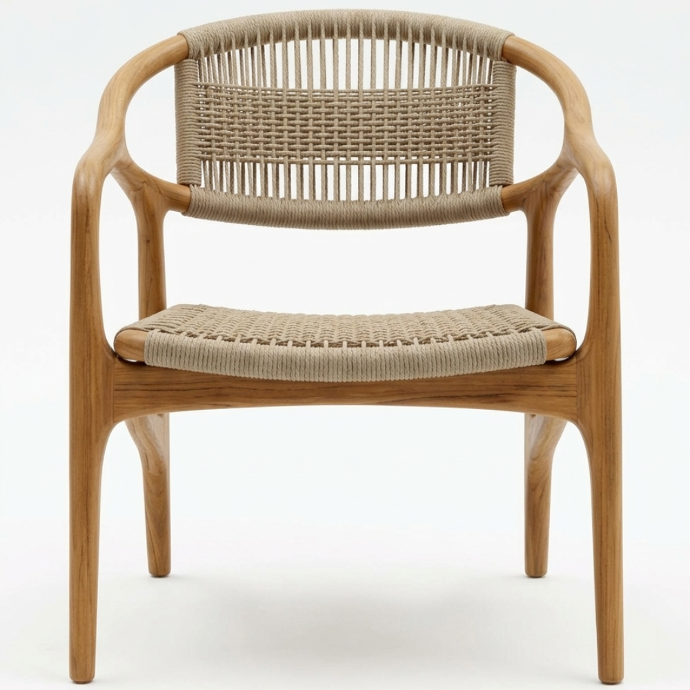Modern Solid Teak Lounge Chair Minimalist Rope Patio Armchair